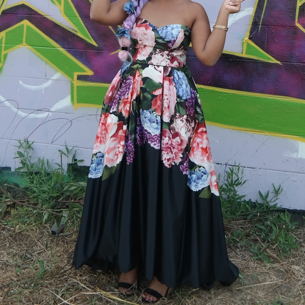 SEQUIN HEARTS Black Multi Floral Strapless Gown